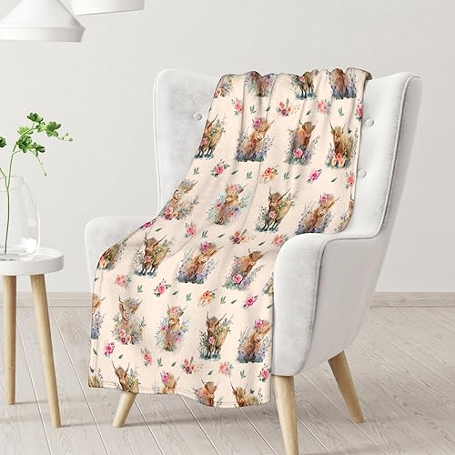 Mercuryelf Highland Cow Throw Blanket - Soft, Fuzzy & Warm - 50x60 Inches Flannel Blankets for Living Room, Sofa - Beige Cute Throws Gift for Teens