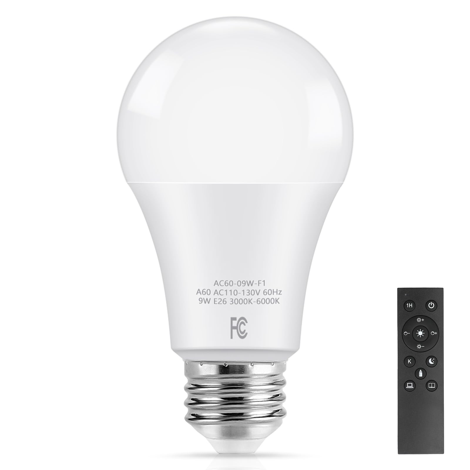A19 LED Light Bulb with Remote Control, 900LM 9W LED Bulb 60Watt Equivalent, Stepless Dimmable 3000K-6000K Light Bulb, Standard E26 Base, CRI 90+, 25000+ Hours Lifespan, Remote Bulb for Home Lamp