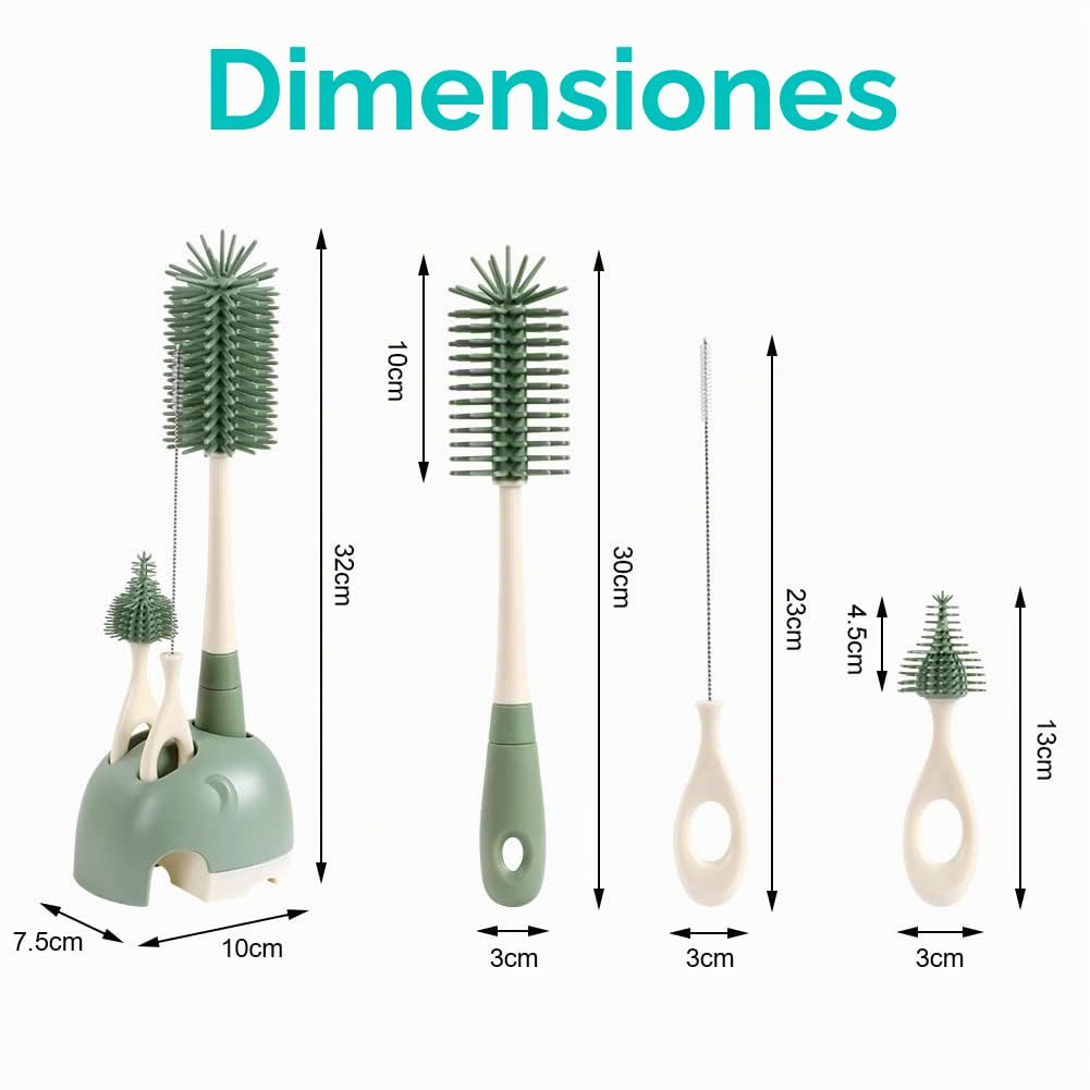 Vicloon Cepillo para Biberones, Cepillo de Silicona para Botella con Soporte de Almacenamiento, Cepillo de Pezón Limpieza de Botellas para Bebés Kit para Botellas y Tetina(Verde)