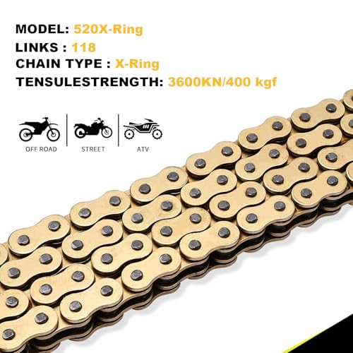 Image of Gold 520 X-Ring Motorcycle Chain 118 Links for KTM Husqvarna Yamaha with Connecting Master Link - Enhanced Durability & Universal Fit