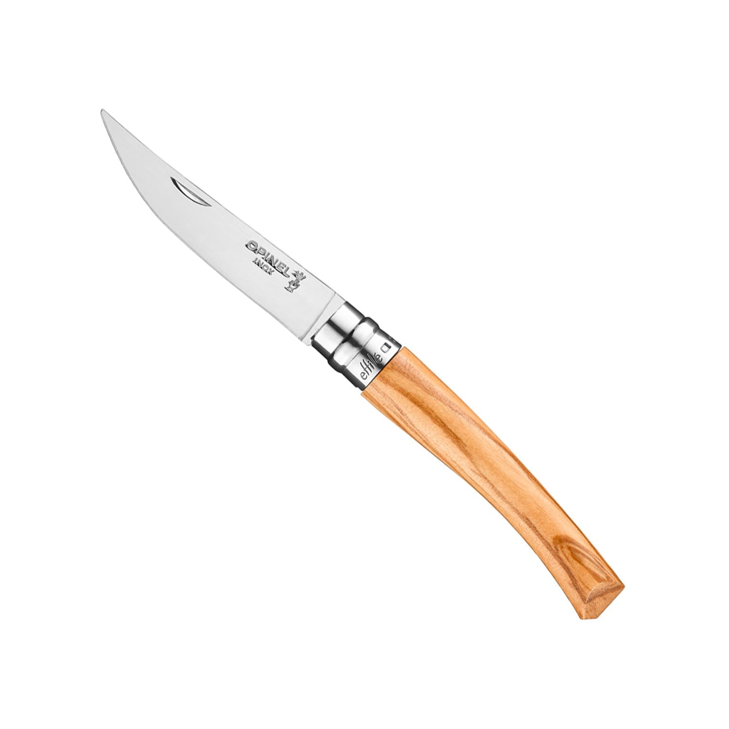 Opinel - N°08 Couteau de Poche Effilé - Lame Finition Poliglace 8 cm Inox, Manche Olivier, Usage Quotidien, Bague de Sécurité Virobloc - Fabrication Française