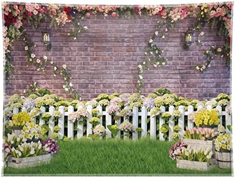 Swepuck 10x8ft Fabric Easter Spring Garden Photography Backdrop Flower Fence Rose Pink Brick Wall Background Floral Kids Newborn Baby Portrait Photo Booth Props