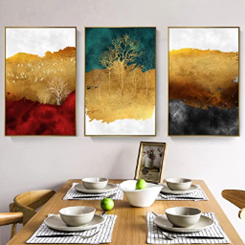 Toile forêt arbre doré moderne nordique triptyque sans cadre 60x80cm