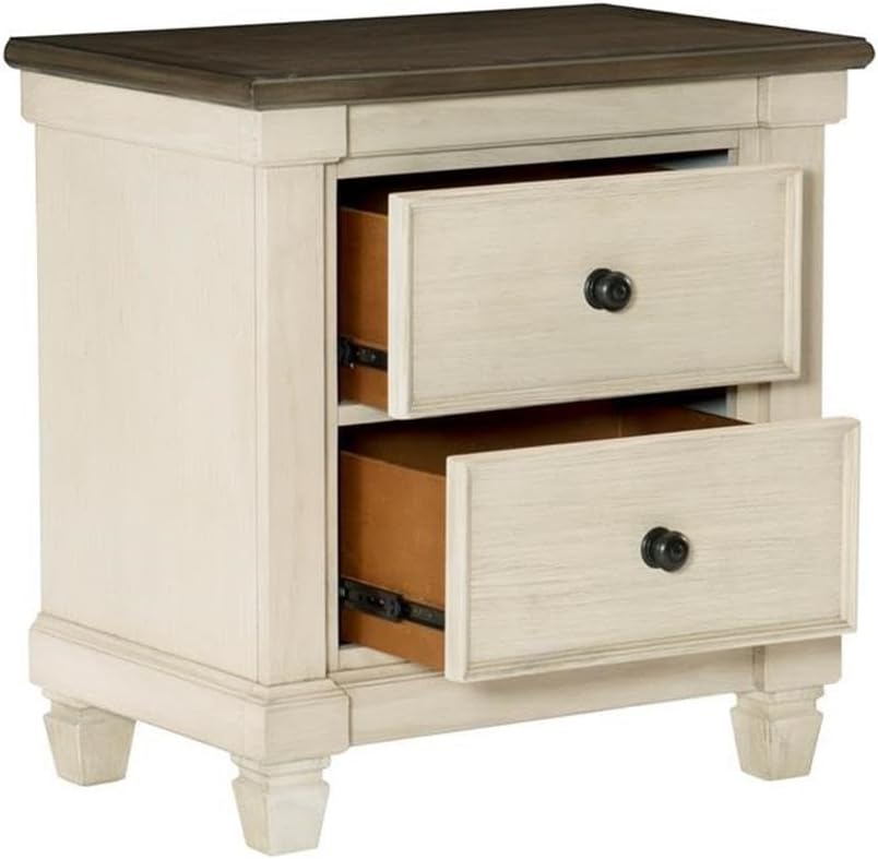 Pemberly Row 2-Drawer Transitional Wood Nightstand, Antique White and Rosy Brown Finish, Oak Veneer and MDF, Flat Black Knobs, 29 x 28 x 18 in, Rustic Bedroom Storage Furniture