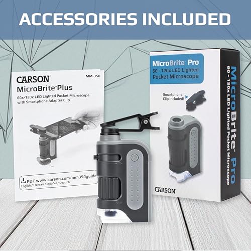 Image of Carson MicroBrite Pro Kit with Pocket Microscope & Smartphone Adapter Clip | Science Kit with 60x-120x LED Lighted Pocket Microscope and Smartphone Adapter For Digiscoping (MM-350)