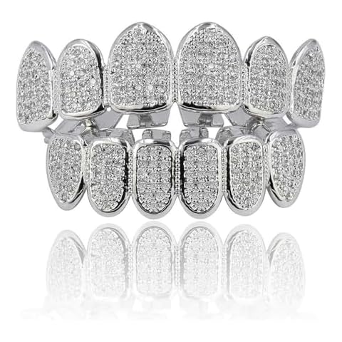 JINAO Grillz Grills for Your Teeth Simulated Diamond Teeth Grillz with Extra Molding Bars Included 18K Gold Plated All Iced Out Cubic Zirconia Golden Teeth for Men Women(Silvery Teeth Set) Cover