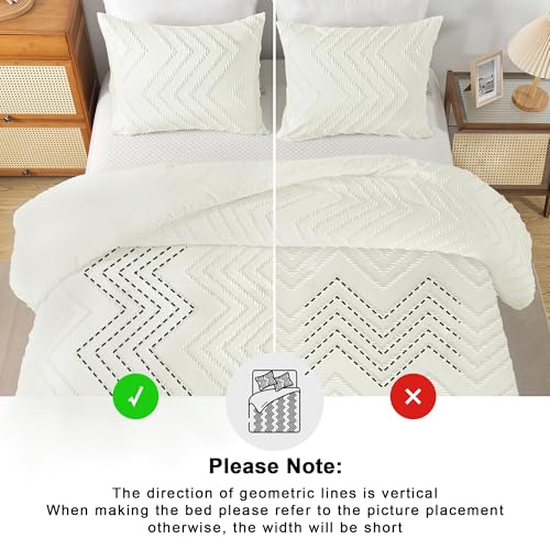 Image of Andency Ivory Oversized Super King Comforter Set, Boho Soft Warm Tufted Neutral Bedding Comforter Sets, 3 Pieces Aesthetic Chevron Farmhouse Cute Bohemian Textured Bedding Set