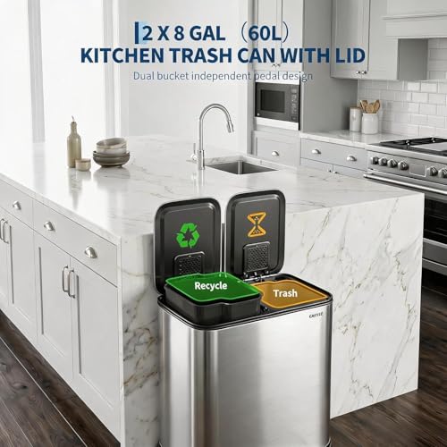 Caneca de basura doble 16 gal acero inoxidable plateada miniatura 3