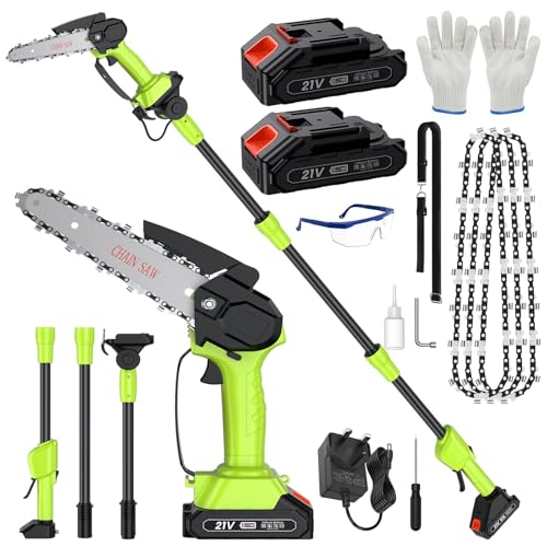 Cordless Pole Saw 12.47Ft, 2 in 1 Long Reach Saw & Handheld Chainsaw 6'', 90° Adjustable Head 2 * 4.0 Ah Rechargeable Battery Electric Extension Pole Chainsaw 4* Chain for Garden Tree Trimming