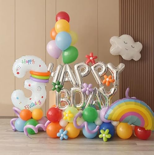 Colorful Alphanumeric Balloons Rainbow Number Balloons With Large Number 3 Balloon Rainbow Cloud Foil Balloon For 3 Years Baby Birthday Party Supplies #TOP26