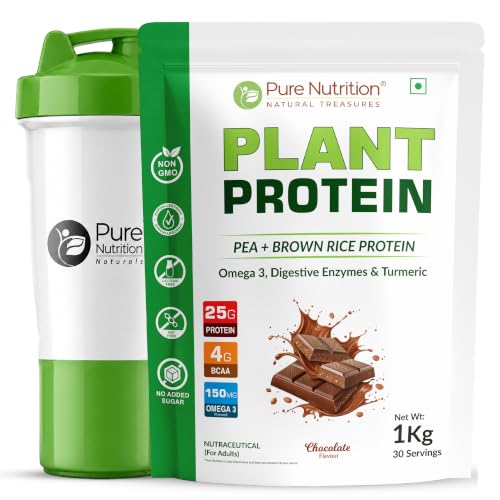 Image of Pure Nutrition Plant Protein for Men & Women - Chocolate, 1Kg with 650ml Shaker | Pea & Brown Rice Protein with Omega-3, BCAA & Enzymes | Vegan, Plant-Based, Muscle Support Supplement