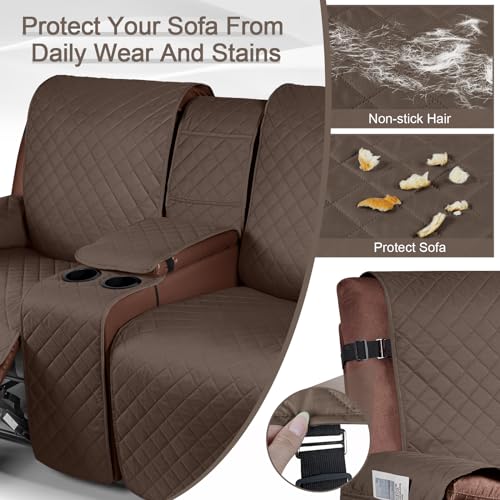 Image of KinCam 100% Waterproof Recliner Loveseat Cover with Console, Non-Slip Reclining Couch Covers for 2 Seat, Recliner Sofa Cover Furniture Protector with Elastic Straps for Kids, Pets, Brown
