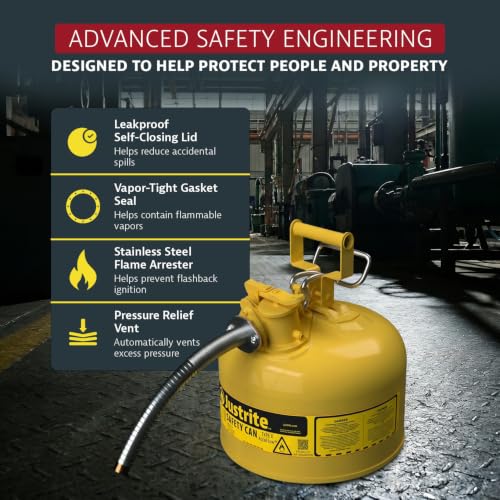 Image of Justrite Type II Diesel Fuel Can, Yellow Galvanized Steel, FM Approved | Flammable Liquid Storage Can with Controlled Pouring, 2.5 Gallon Capacity, 5 /8 inch Hose, Flame Arrester, OSHA,NFPA Compliant
