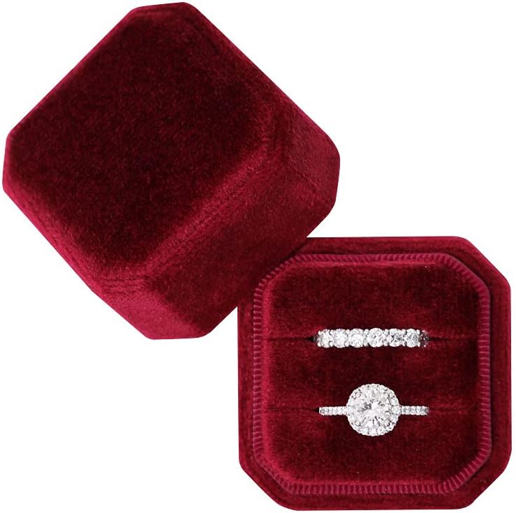 BLUTETE Square Octagon Ring Box 2 Slots Wedding Engagement Ring Set Keepsake Box Bridal Photo Gift Box (Red)