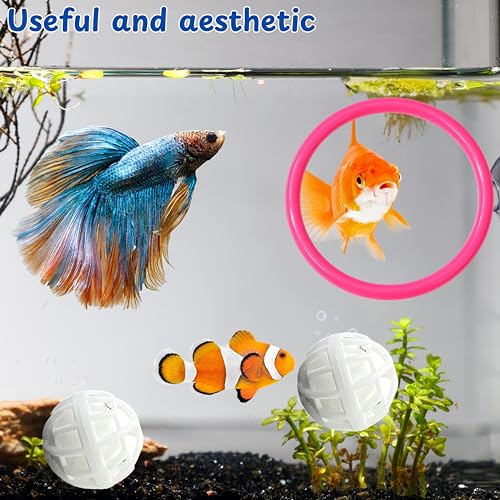 Image of Betta Ring Enrichment Toys with Filter Ball set, Turtle Water Cleaner Ball, Aquarium Feeding Ring with Nitrifying Balls, Betta Fish Toy, Aquatic Turtle Enrichment Toy, Tortoise Supplies (Pink, M-70mm)
