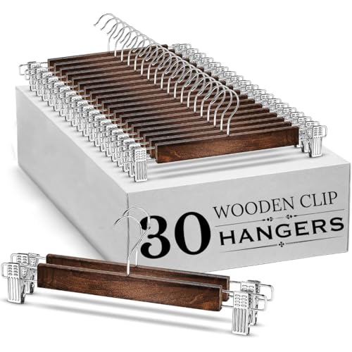 Image of Wooden Hangers for Clothes Hanging | 360 Swivel Hook with 2-Adjustable Clip Hangers for Pants, Skirts, Sarees | Wooden Trousers Bottom Hangers for Wardrobe (30, Walnut)