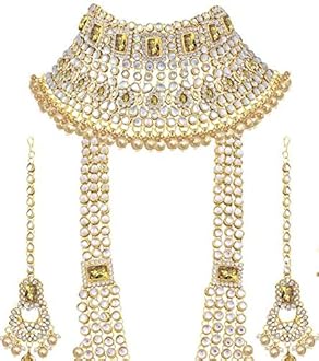 Aheli Traditional Wedding Indian Bharatanatyam jewellery set Long Choker Necklace Earrings Maang Tikka Nath Paasa Hath Phool Gift for Women