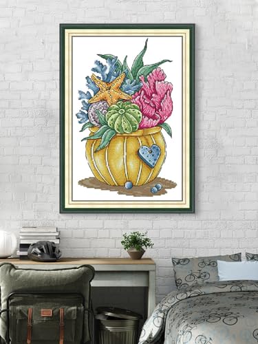 Image of Aiorkeng Cross Stitch Kits Stamped Full Range of Embroidery Starter Kits for Adults Beginners DIY 11CT 3 Strands -Printed kit Flower of the Ocean(Printed) 32x44CM