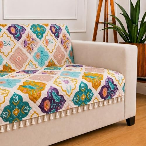 Image of STITCHNEST 'Frostvine Collection' 3 Seater Sofa Cover - Full Coverage| Cotton Quilted Fabric, Decorative Tassels, Washable & Durable for Modern Living