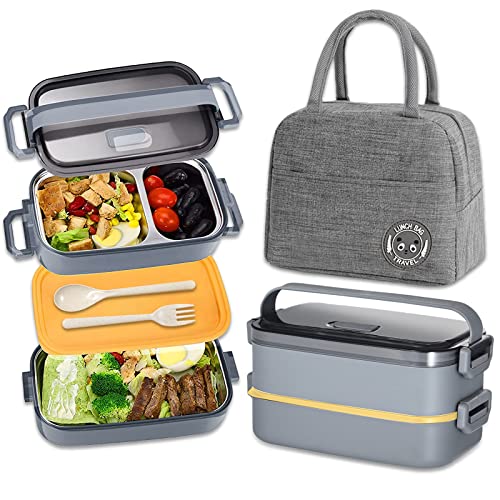 Haoh Lunch Box Inox avec Sac Lunch, 1100ml Double Couche Boite Repas avec 3 Compartiments et Récipient Amovible en Acier Inoxydable 304, Hermétique Boîtes Bento Isotherme(Gris)