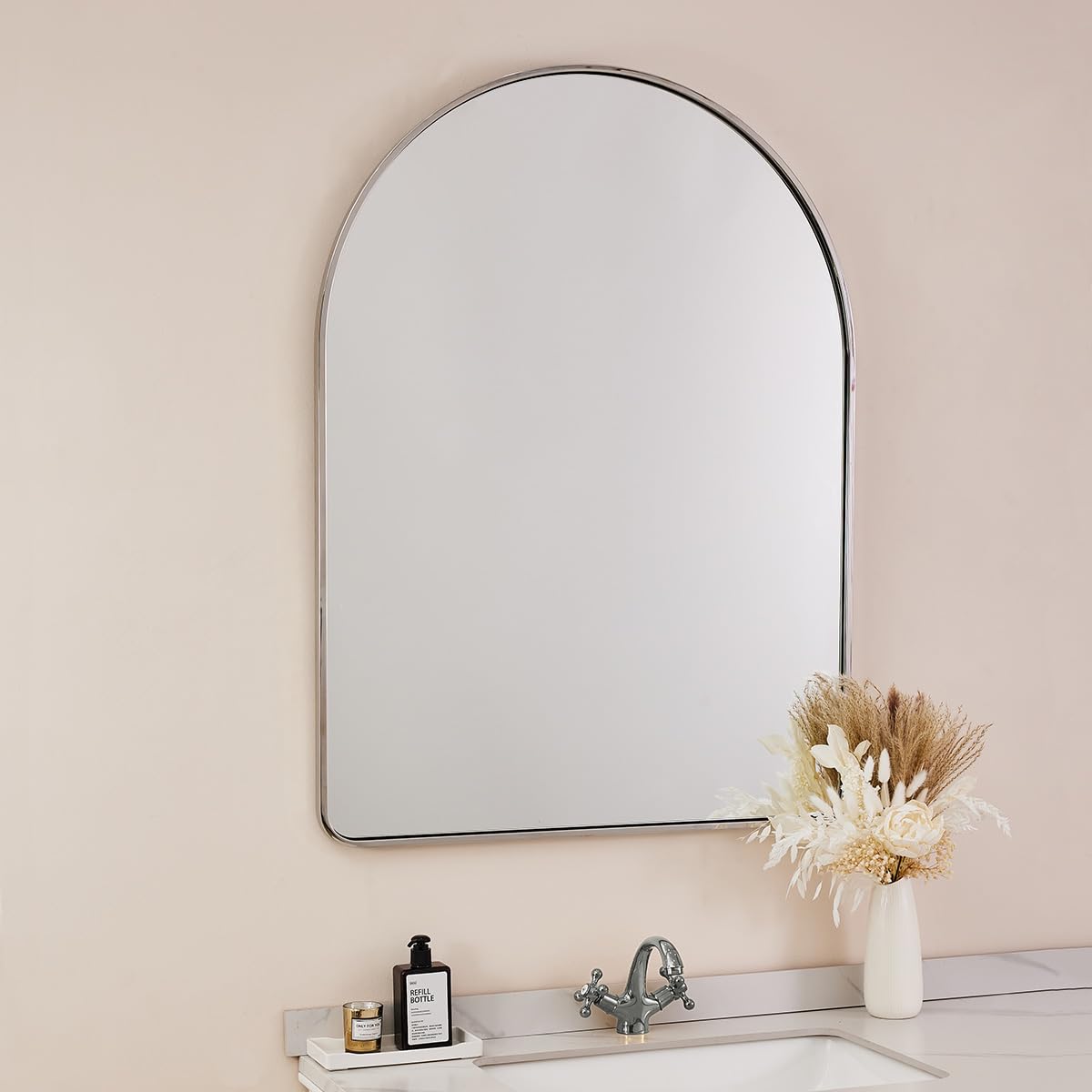 ANDY STAR Brushed Nickel Arched Mirror, 26x38’’ Arched Bathroom Mirro for Wall in Tube Metal Frame, SUS304-Anti-Rust, 1’’ Deep Set Wall Mounted