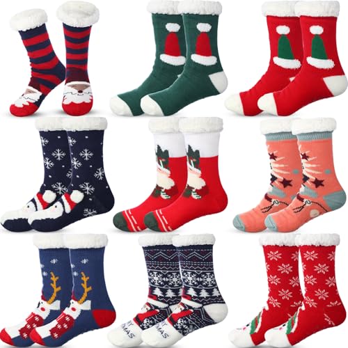 Suhine 9 Pairs Christmas Fuzzy Slipper Socks Winter Warm Fuzzy Women Christmas Pattern Socks Gifts，Soft Non Skid