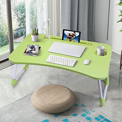 Image of Slendor Foldable Lap Desk with Cup Holder for Bed, Couch, Floor | Portable,with USB Light, Fan, Pen Holder,Tablet Holder,for Laptop,Writing,Eating, Green