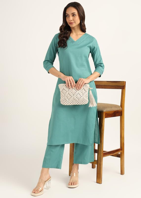 Image of BLOCKS OF INDIA Women's Solid Straight Kurta Set | Hand-Stitched Neck Details with Pintucks | Comfortable Pants with Pockets, Elastic Waist & Drawstring Fit