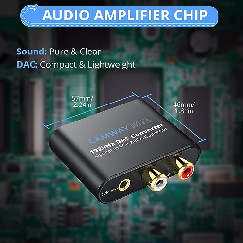 Image of CAMWAY 192kHz Optical to RCA 3.5mm DAC Converter Built-in Amplifier Chip