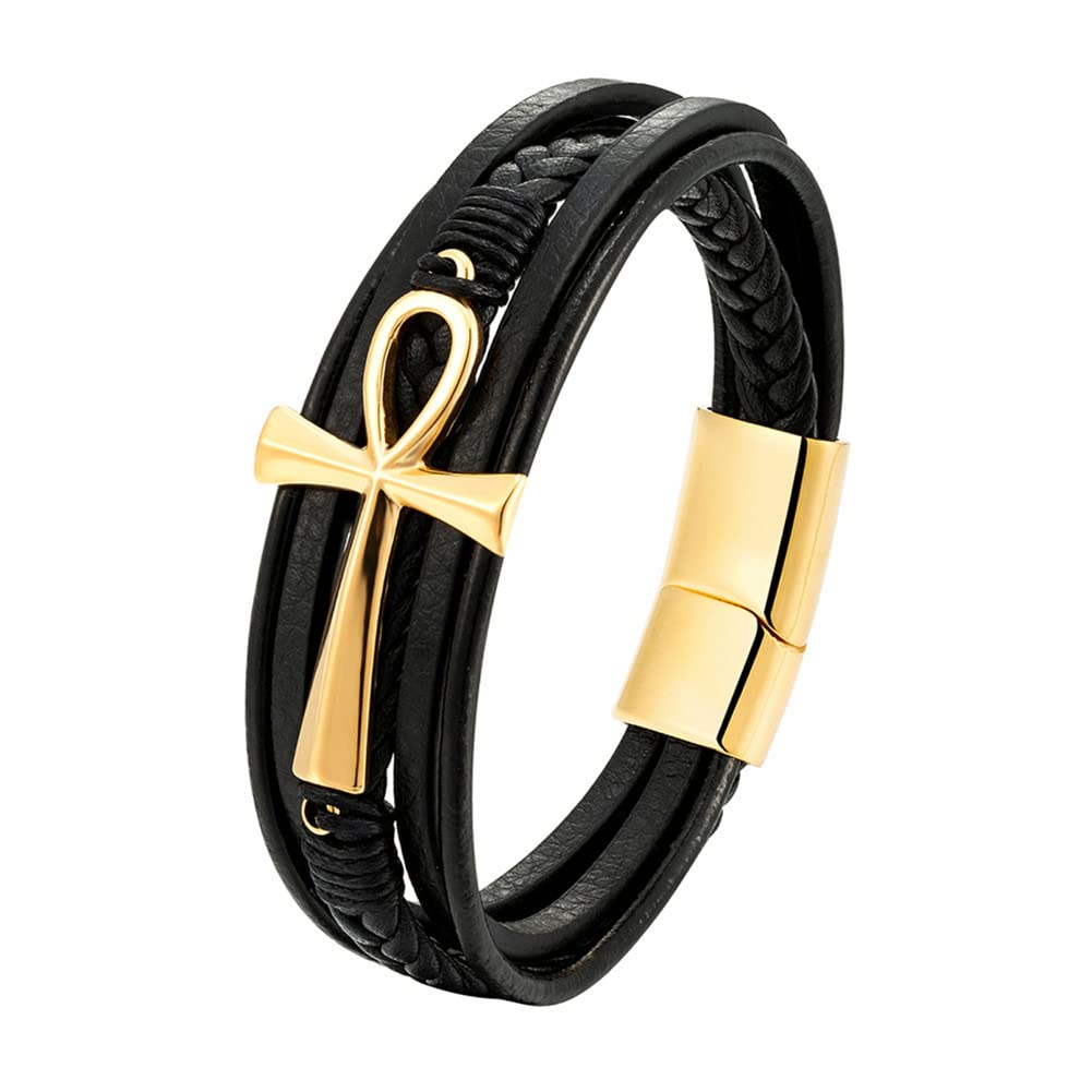 JewelryWe Sieraden heren lederen armband, retro Egyptisch Ankh kruis roestvrij staal lederen armband manchet, zwart goud zilver, Eén maat, Leer