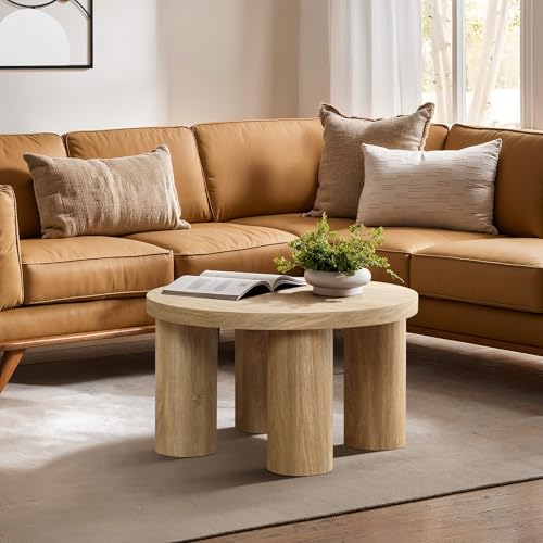 LuxenHome Round Coffee Table with 4 Pillar Legs, 27.5\'\' Wide Accent Center Table, Modern Farmhouse Oak Finish Wooden Low Cocktail Tea End Table with Sturdy Base for Living Room Home Office