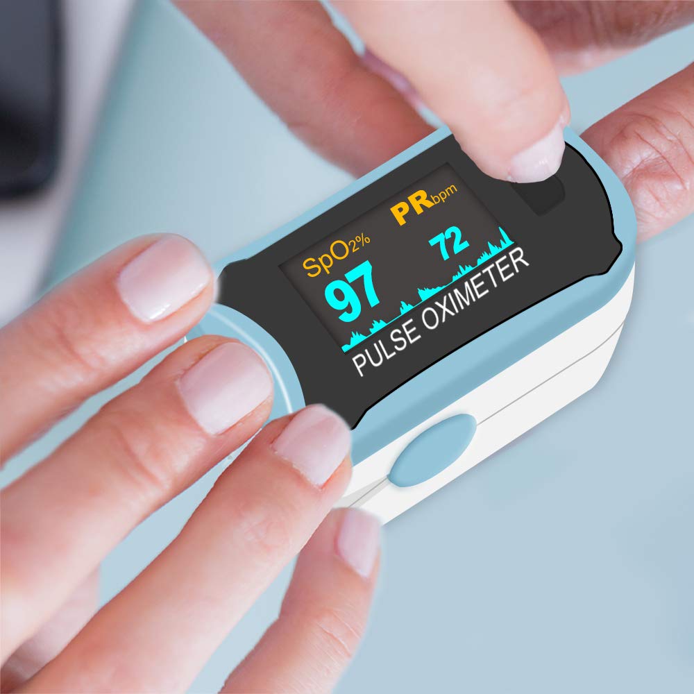 Easy@Home Pulsoximeter Oximeter Fingerpulsoximeter zur Messung der Sauerstoffsättigung (SpO2) Herzfrequenz PI Drehbares OLED-Display tragbarem Umhängeband Nylontasche - Blau