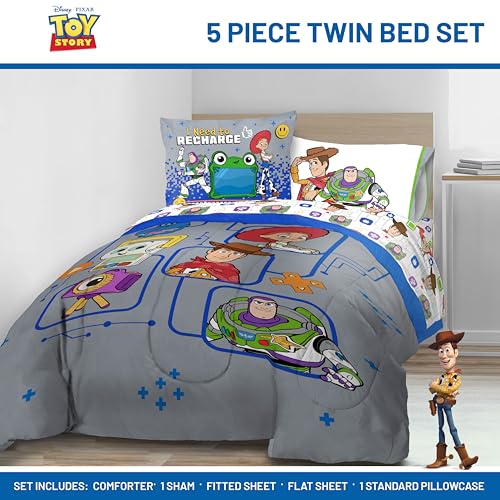 Image of Jay Franco Kids Comforter Set Includes Sheets and Pillow Covers - Soft and Cozy Bed Set for Stylish Room Decor, Official Licensed Bedding, Grey - Toy Story, 5 Piece Twin