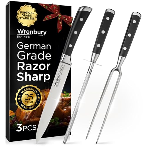 Wrenbury Sabatier Carving Knife Set with Carving Fork and Sharpening Steel