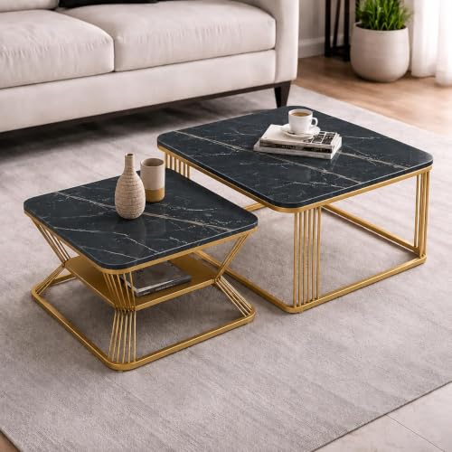 Image of Brown Art Shoppee Set of 2 Modern Coffee Tables with Marble Finish Top, Metal Frame, Nesting Center Table & End Table for Living Room Home Decor (Golden & Black)