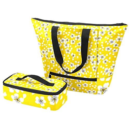 Grand sac fourre-tout et boîte à déjeuner isotherme à motif floral blanc