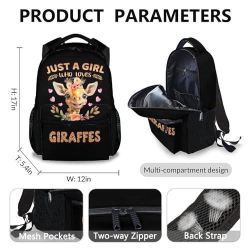 3PCS Kids Backpack Set with Lunch Box Pencil Case, Cute Giraffe Set of 3 School Backpacks Matching Combo, Black Bookbag Bundle for Girls2