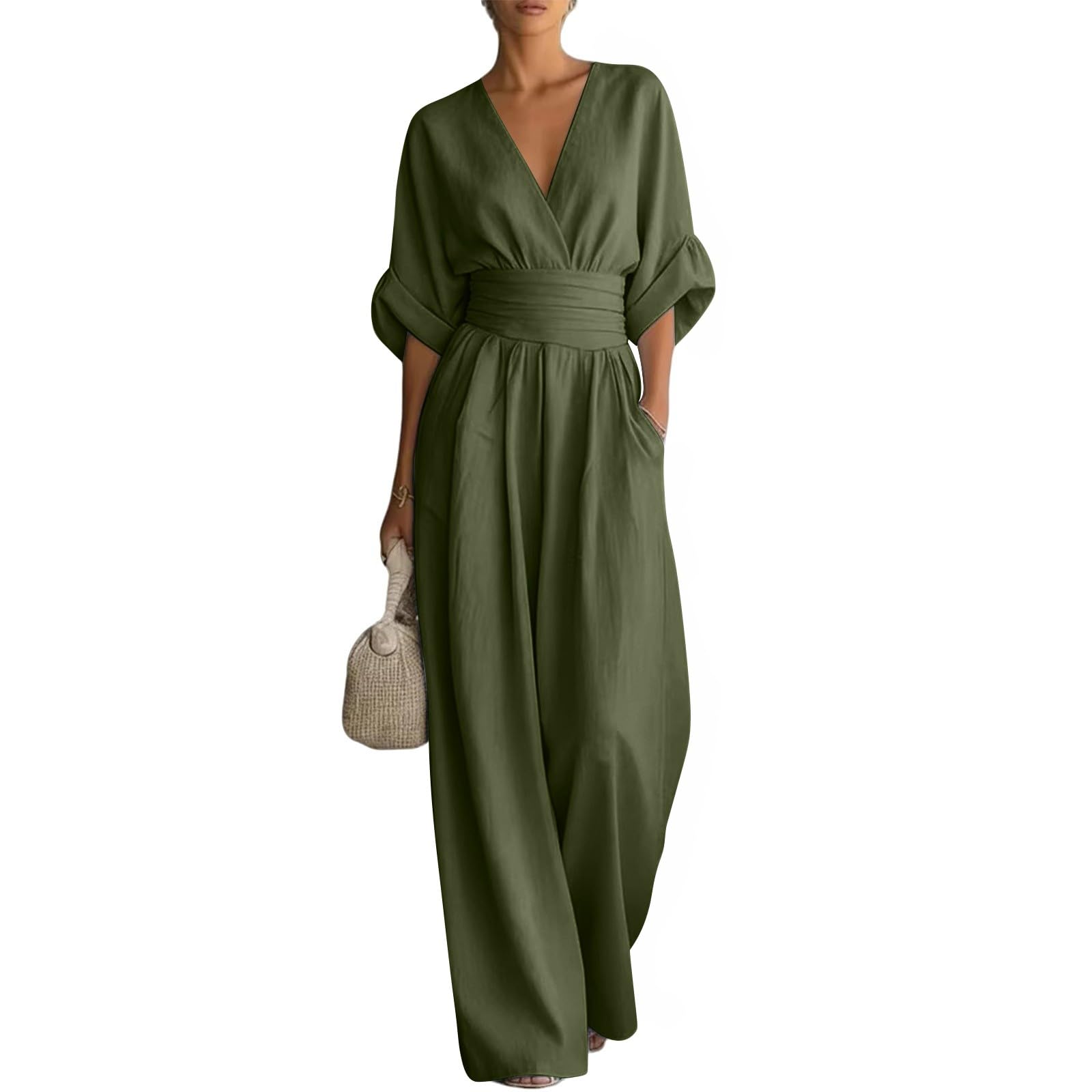 Tuta estiva da donna, elegante, con maniche, lunga e sciancrata | Tuta con pantaloni, a gamba larga, con tasche, scollo a V, tutina per ospiti di nozze, per feste