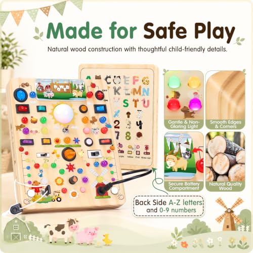 Image of Busy Board with LED Light Switches, Montessori Toys for 1 2 3 Years Old, Toddlers Wooden Toy Sensory Activity Board, Travel Toys for 1+ Year Old Boy & Girl Birthday Gift (Farm 19 Switches)