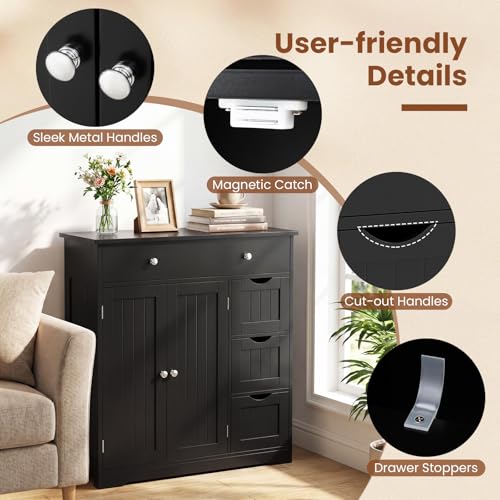 Image of Tangkula Bathroom Floor Cabinet, 4 Drawers, 2 Doors Cabinet (Black) | Large Modern Freestanding Storage Cabinet, Adjustable Shelf, for Bathroom Living Room Entryway Kitchen