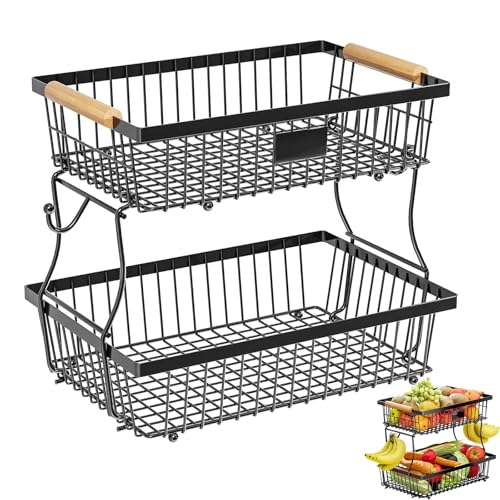 Frutero 2 Pisos Negro Cesta de Frutas, Cesta de Frutas de 2 Pisos para Cocina, Frutero 2 Pisoss, Fruteros de Cocinas 2 Pisos, Cesta de Frutass de Metal con Ganchos, Apto para Hogares y Cocinas