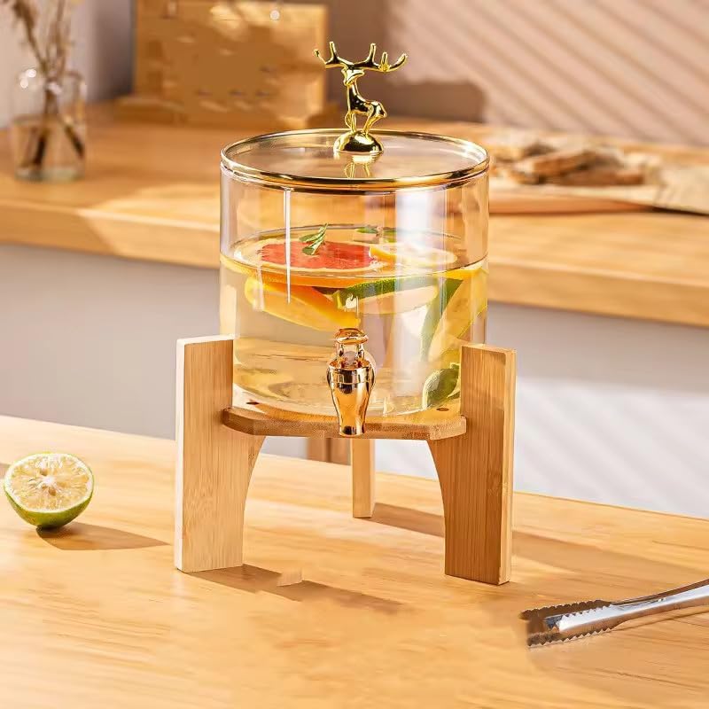 Image of 2.8 Liter Glass Beverage Dispenser with Bamboo Stand and Gold Deer Topper, Ice Drink Dispenser for Water, Juice,Beer, Cocktails, Home & Restaurants, Office, Bars,Party - Event