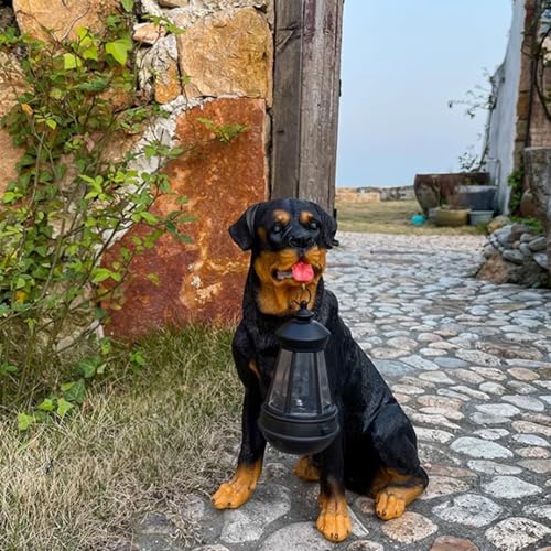 Garden Ornament with Solar Lantern, Outdoor Solar Rottweiler Decor, Garden Creative Solar LED Lighting Tool, Resin Rottweiler Retriever Sculpture, for Outdoor Indoor Yard