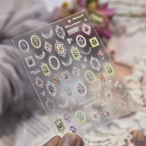 Image of 5D Embossed Vintage Floral Frame Nail Stickers with Lace Accents Self-Adhesive Nail Art Decals for Women Manicure Decorations