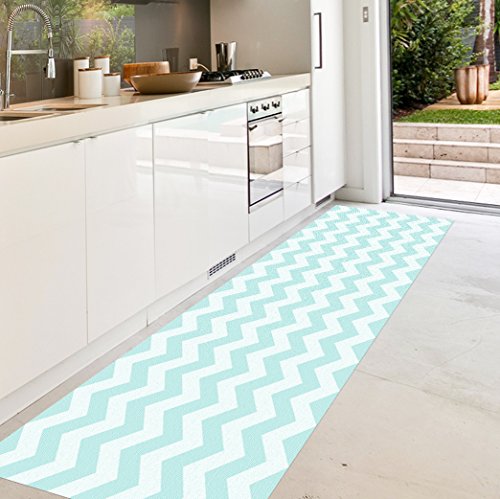 VINILIKO, Alfombra de vinilo, Chevron, Turquesa y Blanco, 66x150 cm