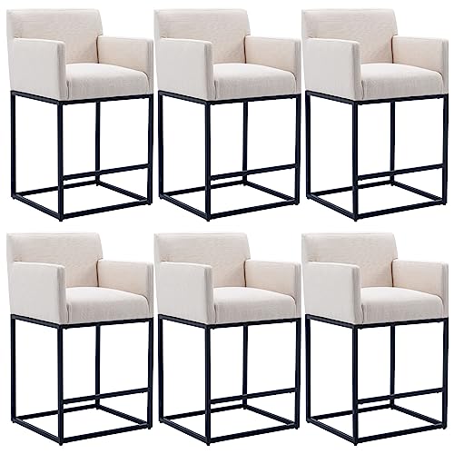 Image of Modern Counter Height Bar Stools Set of 6, Linen Fabric Upholstered Bar Stools with Backs, 26 Inch Kitchen Island Stools with Black Metal Frame, Cream