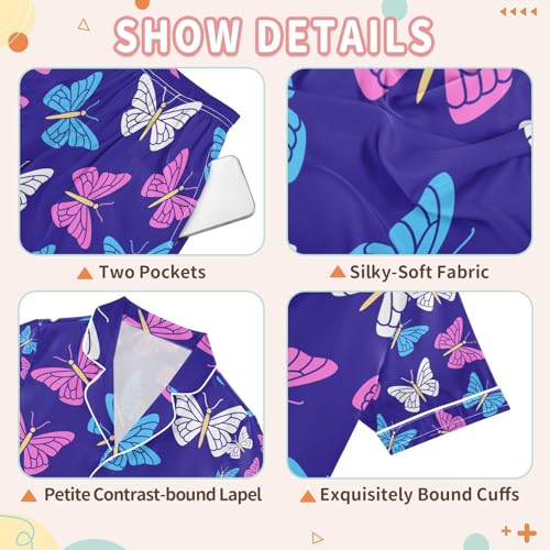 senya Butterflies Blue Satin Summer Pajama Sets Silk Short Sleeve Button Down Sleepwear3