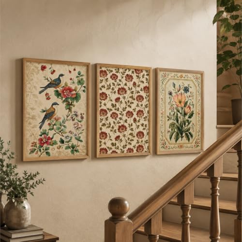 Image of Artify Set of 3 Vintage Bird Floral Wall Paintings for Living Room Dining Bedroom Decor with Premium Wooden Color Synthetic Frame