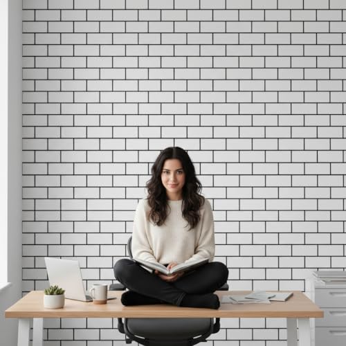 Image of Hotegxa White Brick Peel & Stick Wallpaper Roll 45.5x305 cm | Self Adhesive Faux Subway Tile Contact Paper | Waterproof Removable Wall Sticker for Bedroom, Living Room, Kitchen, Cabinets & Furniture