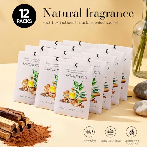 Image of Sandalwood Scented Sachet Bags - 12 Pack Drawer & Closet Freshener, Long Lasting Odor Eliminator for Wardrobes, Cars & Storage, Home Fragrance Air Freshener Sachets